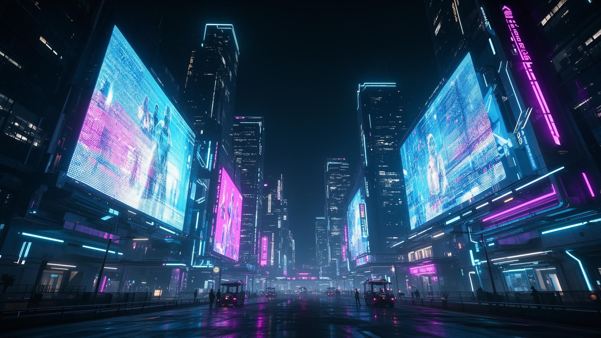 Futuristic smart city with LED billboards